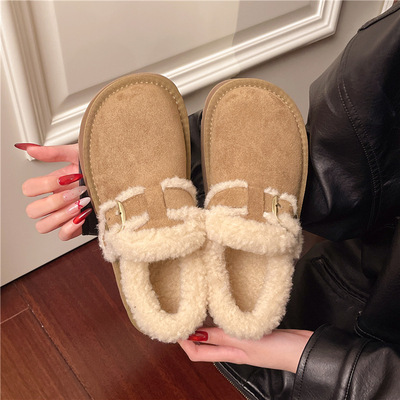 真皮厚底勃肯鞋女加绒雪地靴2025冬季新款一脚蹬毛毛鞋加厚冬鞋