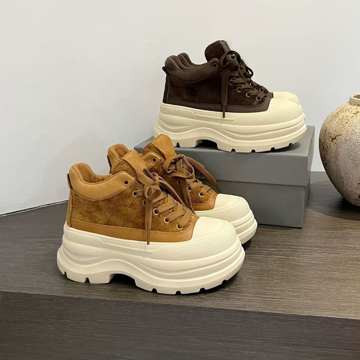 真皮复古厚底松糕鞋系带运动休闲鞋百搭显高2025新款老爹鞋女潮