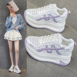 2025春季新款内增高休闲编织网鞋厚底系带老爹鞋拼色学生鞋女鞋