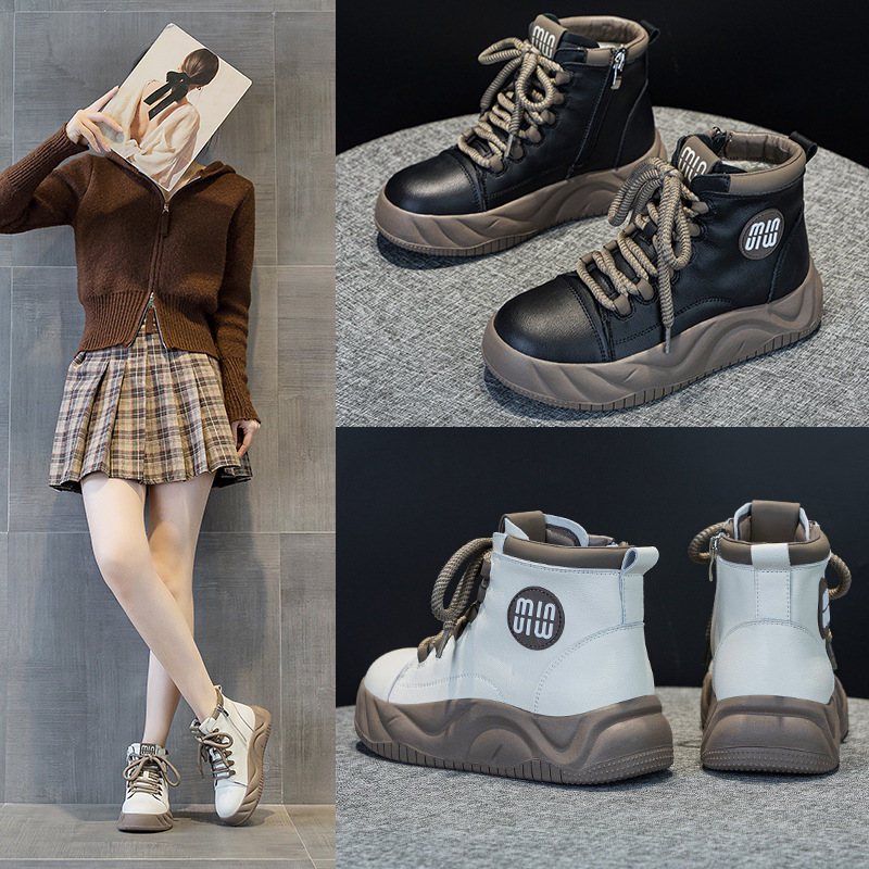 真皮高帮鞋女2025秋冬新款真皮百搭网红爆款厚底松糕休闲鞋加绒