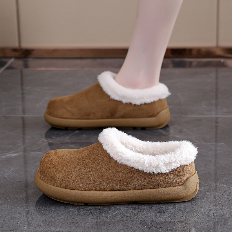 真皮圆头平底棉鞋2025年秋冬季新款一脚蹬低帮毛毛鞋加绒勃肯鞋女