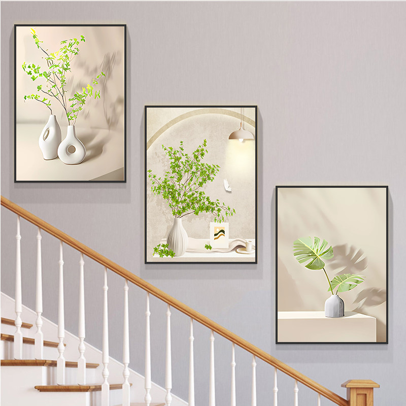 楼梯间奶油风绿植复式走廊过道画