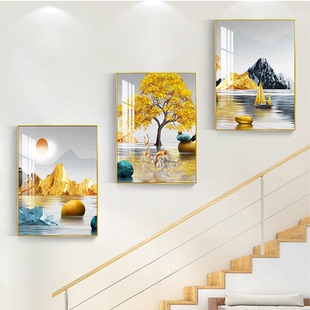 楼梯装 复式 饰画走廊过道挂画客厅高级感沙发背景墙壁画轻奢三联画