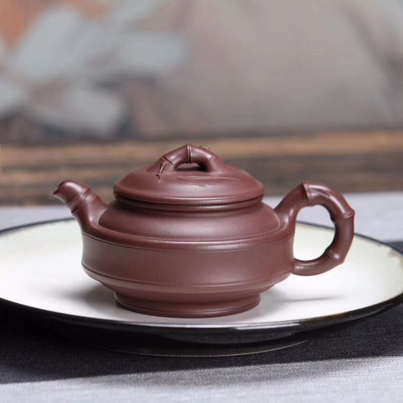 宜兴紫砂茶壶纯全手工茶具名家王红娟原矿紫泥双线竹鼓壶180毫升