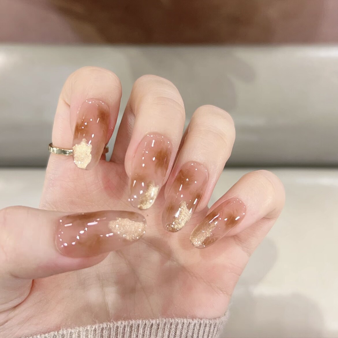 纯手工穿戴甲晕染猫眼显白美甲