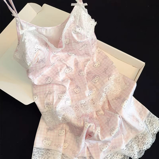 蕾丝边kitty猫家居服 薄款 纯欲带胸垫一体吊带睡衣女夏季 背心短裤