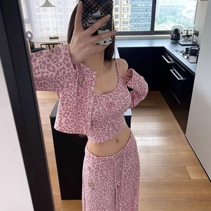 豹纹KT猫吊带睡衣女带胸垫三件套