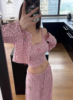纯欲粉色吊带睡衣女春秋季豹纹KT猫长袖开衫带胸垫三件套装家居服