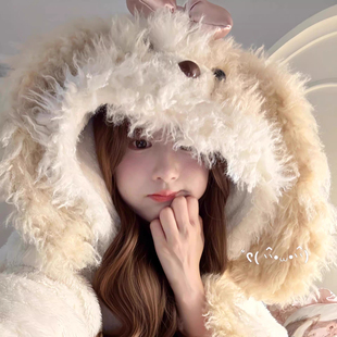 甜美毛绒小狗睡袍女款秋冬季加绒加厚珊瑚绒睡衣高级感浴袍家居服