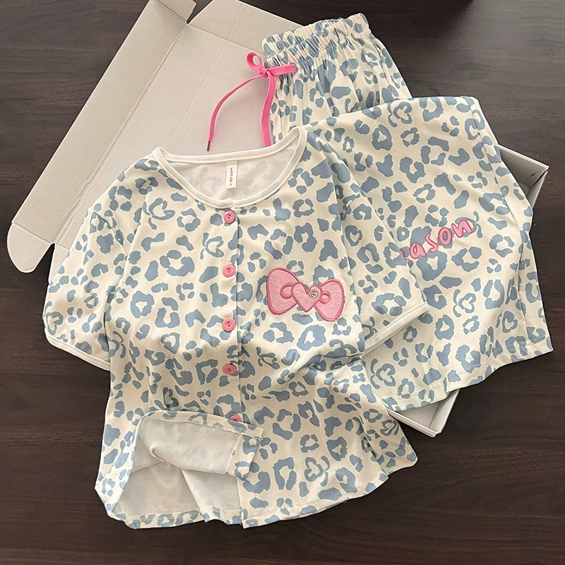 豹纹纯棉质睡衣女款家居服可外穿