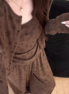莫代尔棉kt猫睡衣女春秋季天性感带胸垫吊带三件套2026新款家居服