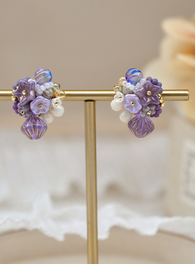 微薰 原创设计小众唯美捷克珠紫色花朵日系串珠耳饰银耳钉耳夹