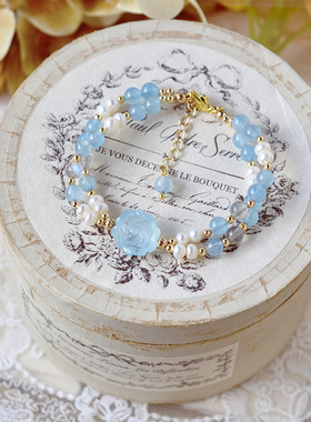 原创设计轻奢古风三月诞生石海蓝宝玫瑰花珍珠925银镀金手链女生