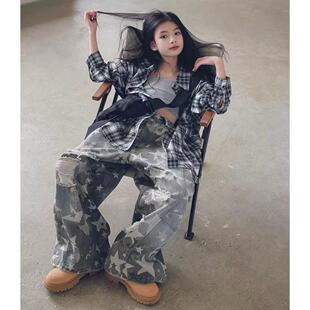 冷大娘男女中大童hiphop街舞美式水洗牛仔长裤子爵士舞工装裤亲子