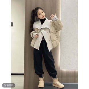 女童冬季羽绒服短款面包服大童洋气针织拼接90白鸭绒韩系外套冬装