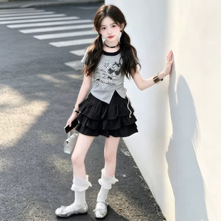 女童2026新款夏季韩版洋气假两件上衣蛋糕裙套装2件套甜酷休闲风