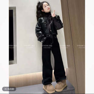 宽松显瘦套装 女童皮衣夹棉外套加厚2025秋冬新款 运动加绒阔腿裤