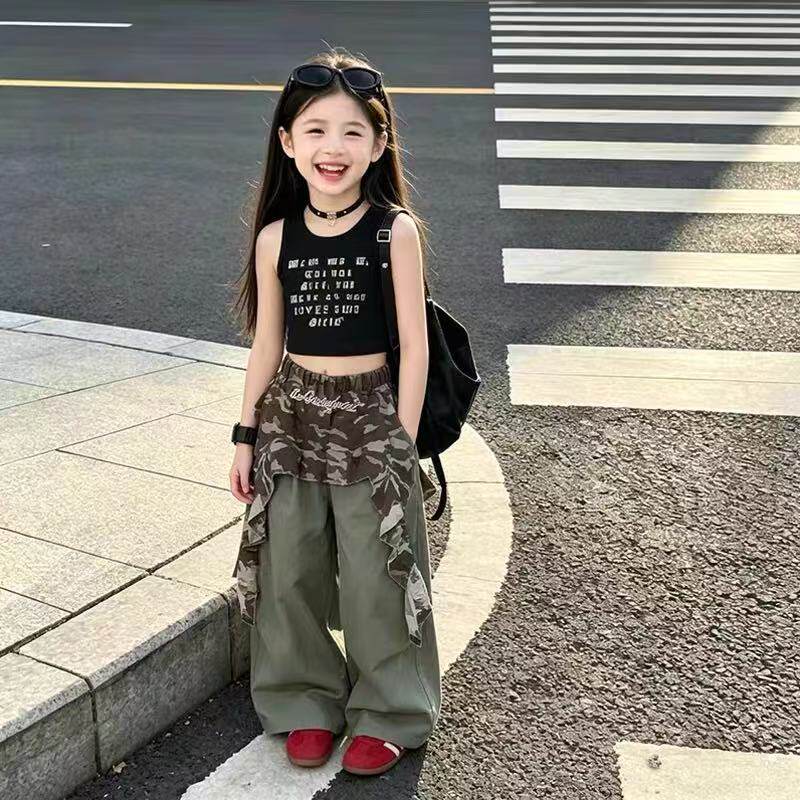 女童爵士舞背心套装迷彩封腰屁帘裤嘻哈潮酷儿童hiphop街舞表演夏