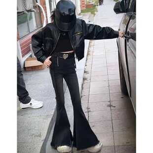 气质女孩长裤 中大儿童洋气马蹄裤 春秋2024新款 女童皮衣外套喇叭裤