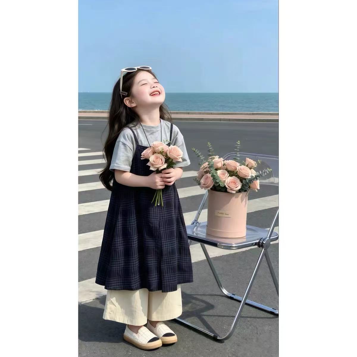 女童韩系超火套装2026夏季中大儿童洋气短袖格子吊带连衣裙三件套