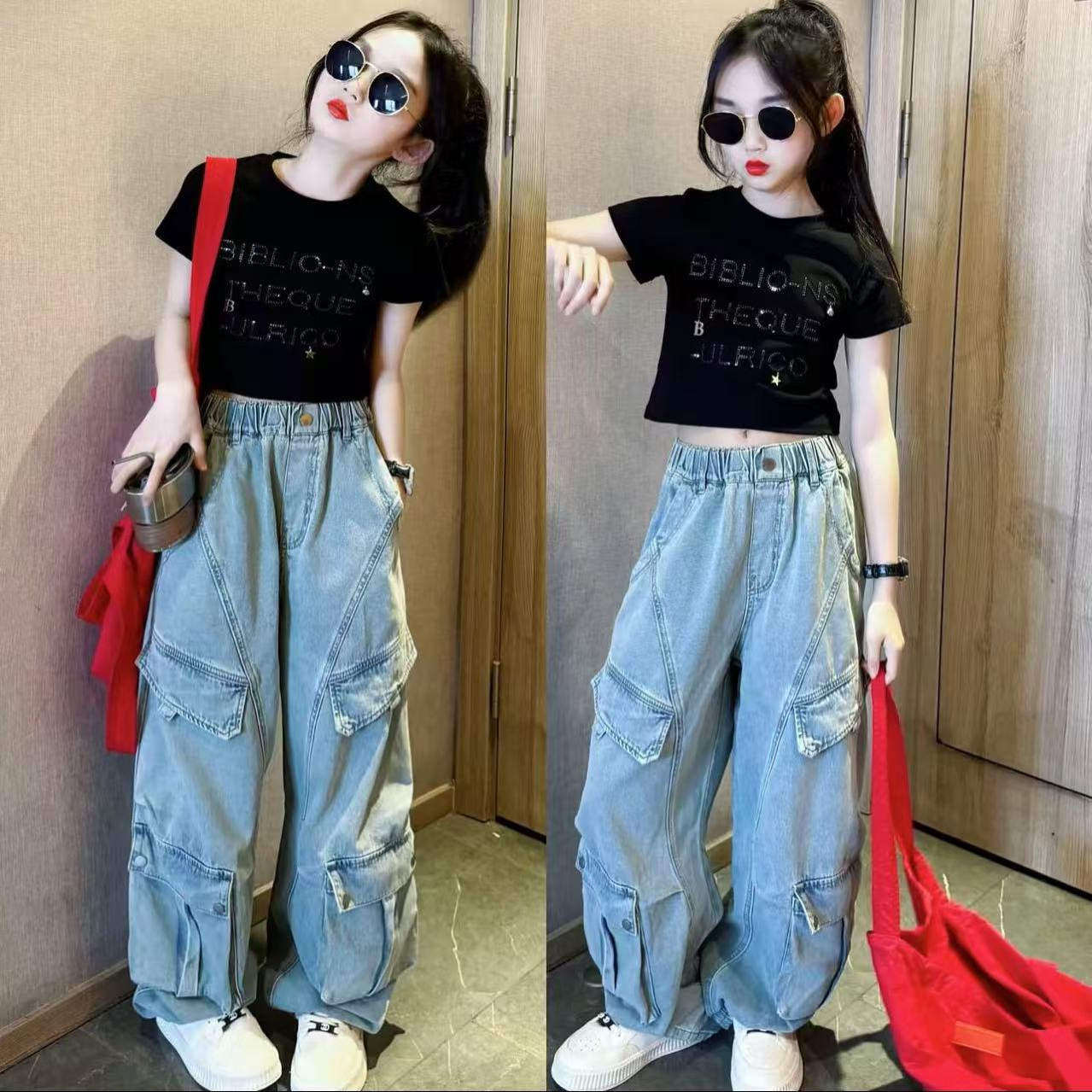 女童套装夏季新款中大童个性洋气t恤短袖牛仔工装裤薄款休闲夏装