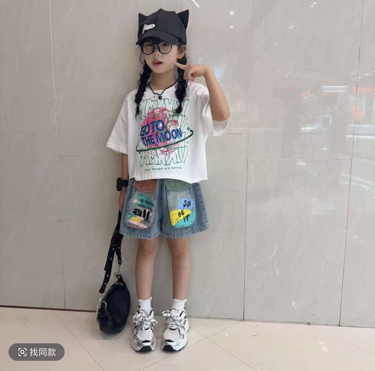 女童2026夏季新款不规则字母印花短袖韩版立体口袋牛仔短裤套装