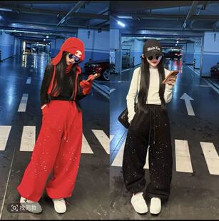 女童爆闪亮钻红色宽松裤子春秋季2026大儿童爵士街舞练功服潮卫裤