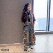 新款 女童废土牛仔套装 2026春季 儿童嘻哈街舞潮服酷女孩炸街两件套