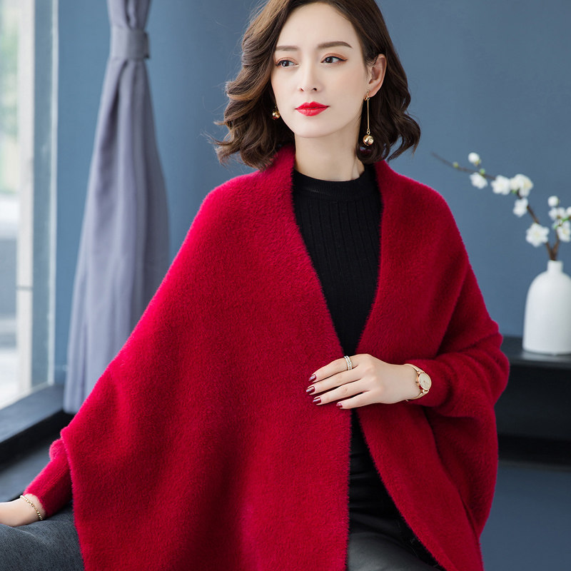 秋冬时尚高档水貂绒洋气披肩女流苏羊毛羊绒带袖斗篷配旗袍的外搭