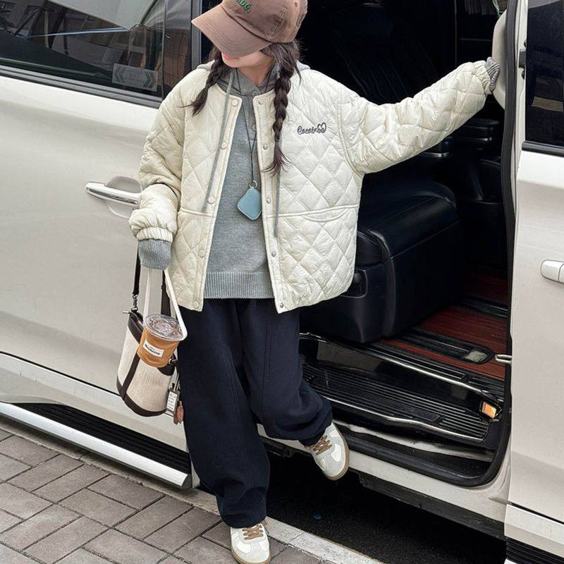 女童秋冬加厚连帽外套2025新款洋气冬季夹棉棒球服女孩深秋棉衣服