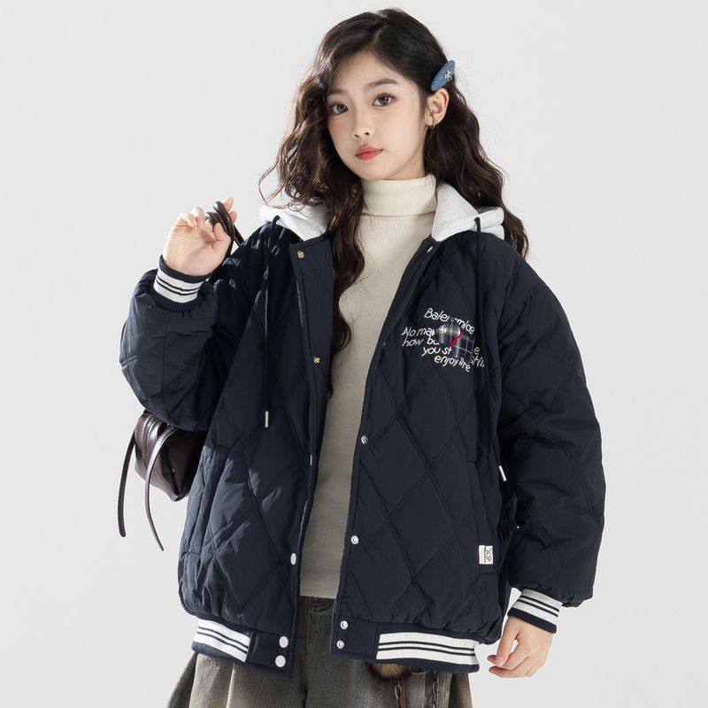女童秋冬加厚连帽外套2025新款洋气冬季夹棉棒球服女孩深秋棉衣服