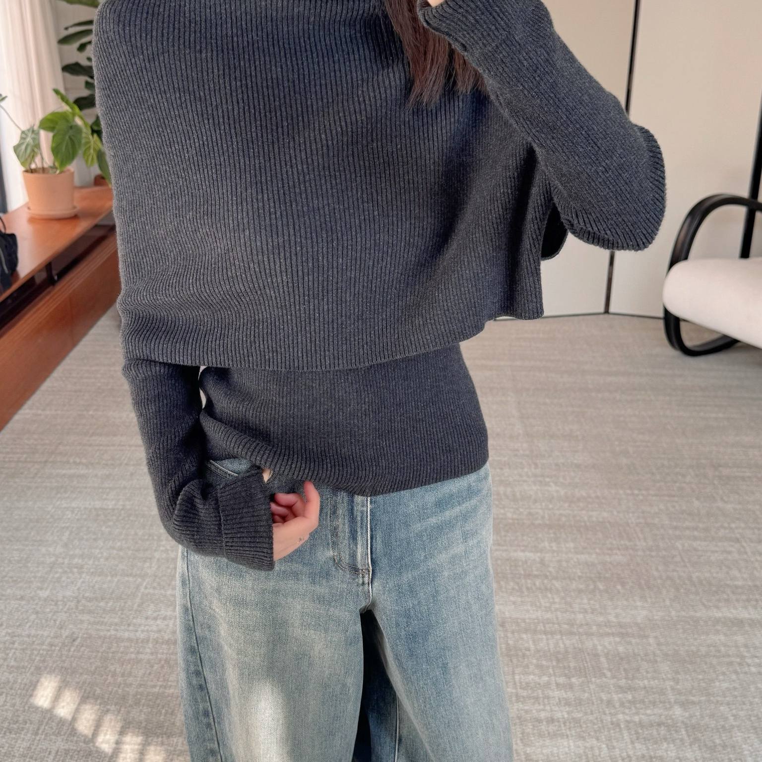 现货1修身真两件套！2/28支精纺羊毛~套头围脖披肩+U领长袖针织衫