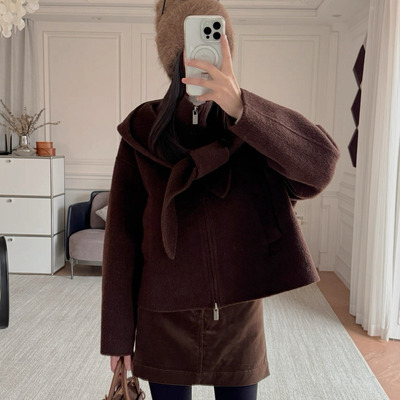 现货~柜上7K+！Z雅~骆驼绒混纺~可拆卸连帽围巾 毛呢大衣