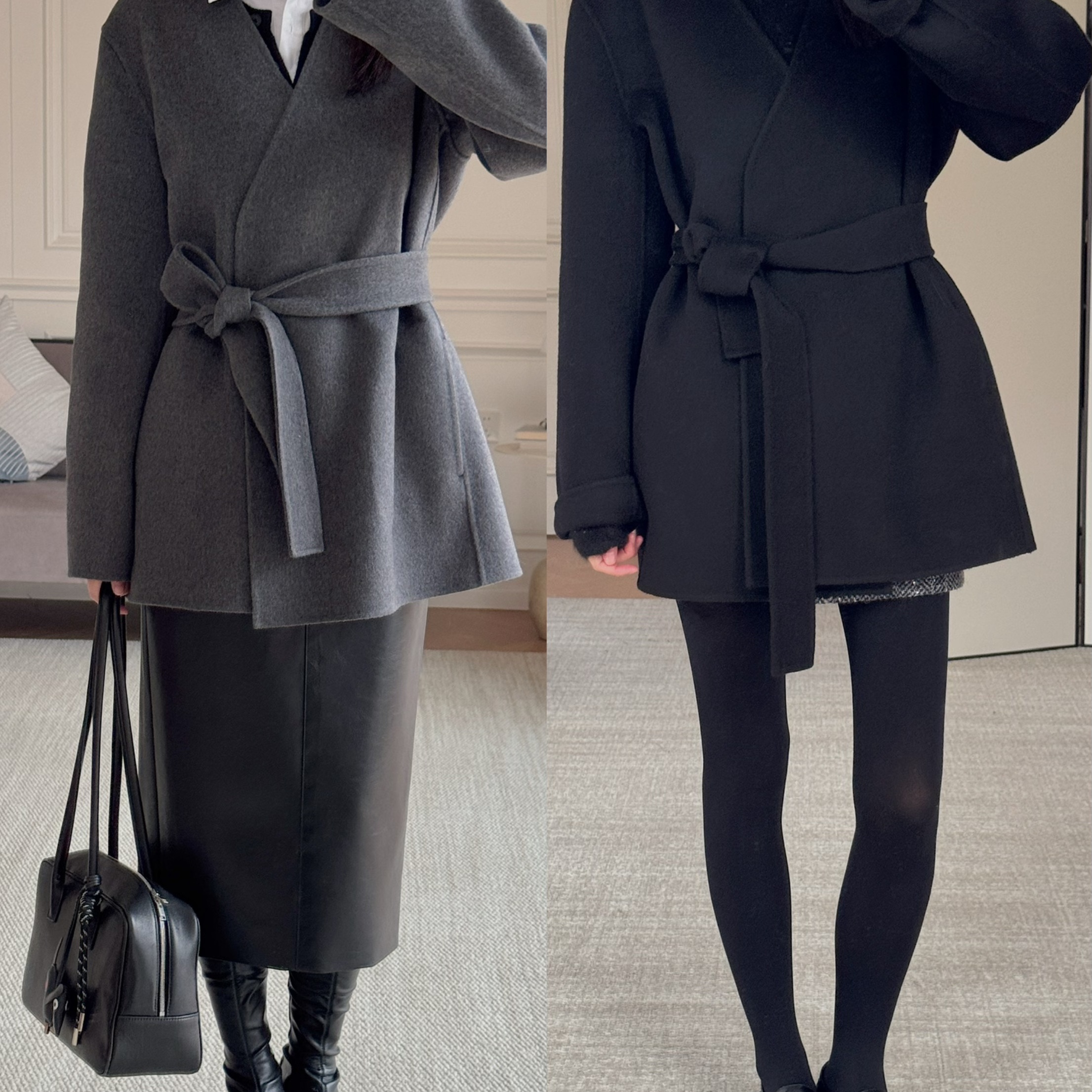 極简老钱风！Th~羊毛×羊绒混纺~V领无扣系带双面呢大衣