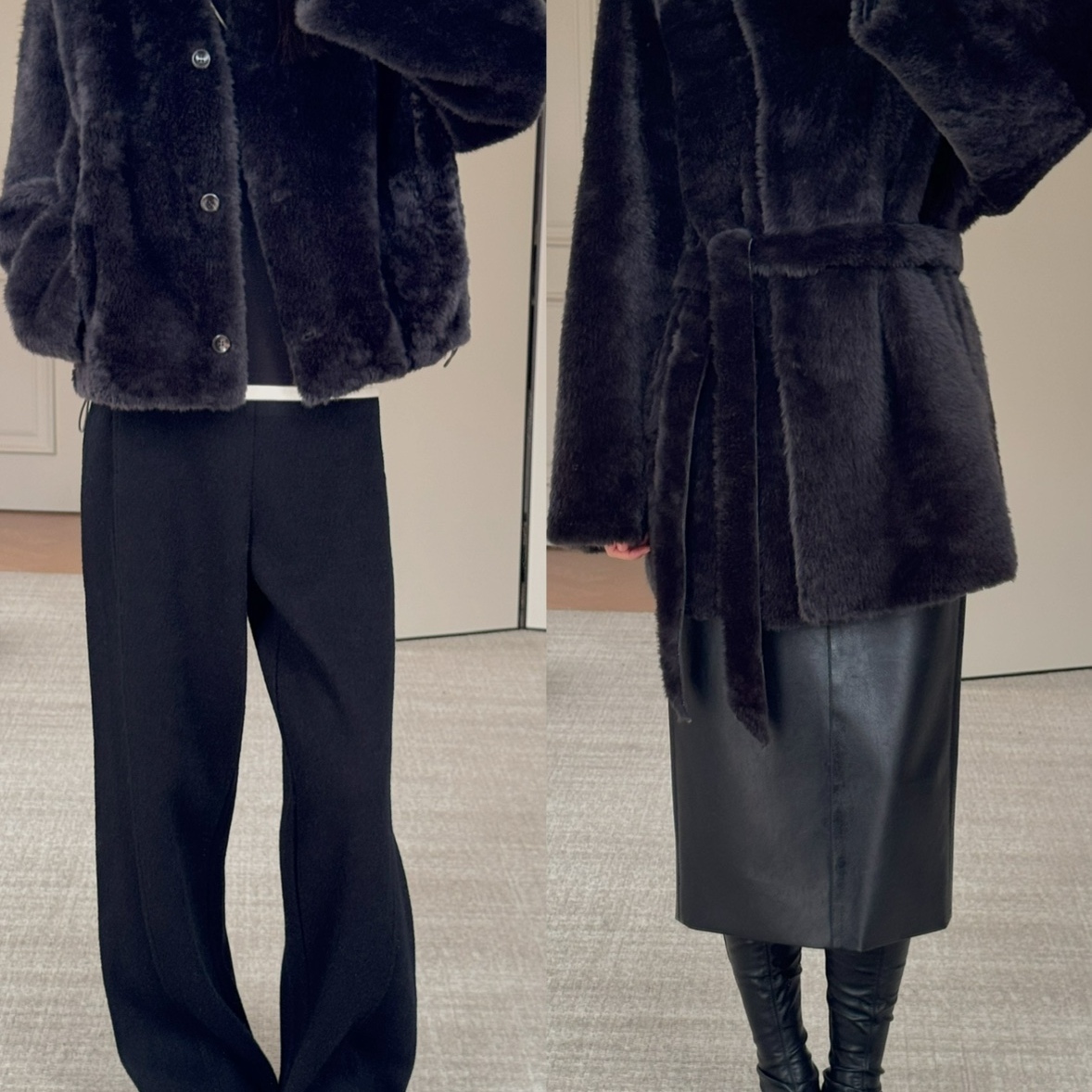 奢贵老钱！法国进口直毛拉贡皮毛一体~V领短款+中长款皮草外套
