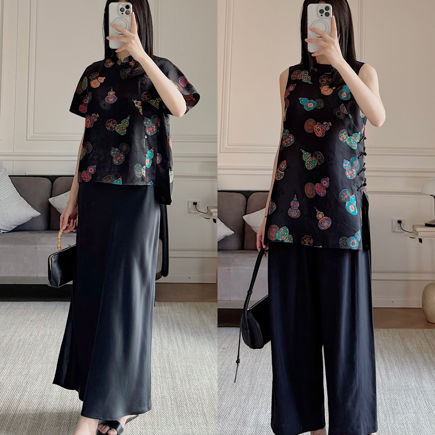 现货福禄双全非遗真丝香云纱花萝~斜襟七彩葫芦新中式上衣+长背心