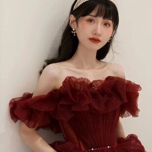 敬酒服2026春季 一字肩仙气红色结婚重工年会晚礼服一件代发 新款