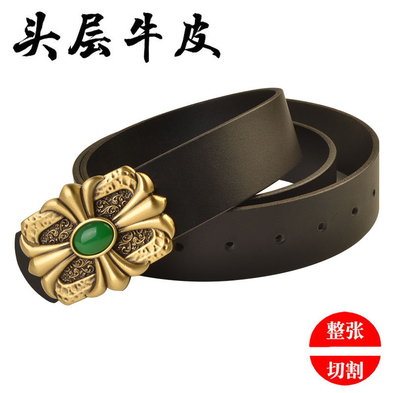 男士实心黄铜内穿平滑扣头层牛皮真皮皮带百搭纯手工定制腰带裤带