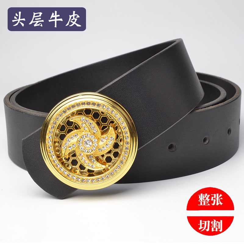 时来运转镶钻内穿平滑扣真皮头层牛皮腰带青年时尚个性纯手工皮带