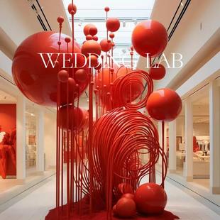 饰橱窗陈列商业美陈 饰婚礼艺术装 红色圆球装 置打卡美陈摆饰装