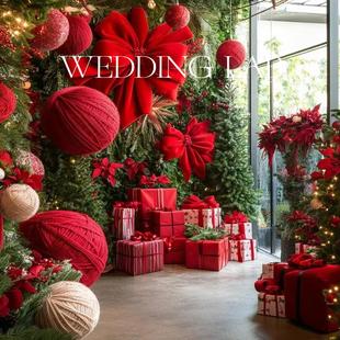 红色圣诞装 饰橱窗陈列商业美陈场景布置 饰背景婚礼艺术装