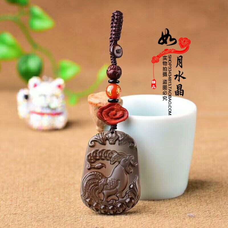 天然冰种黑曜石十二生肖鸡吉祥物椒图送吉汽车挂件钥匙扣