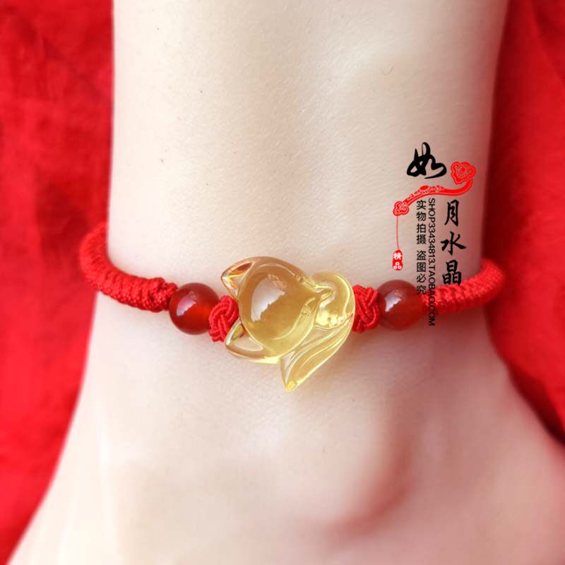 天然招财黄水晶狐狸红绳脚链