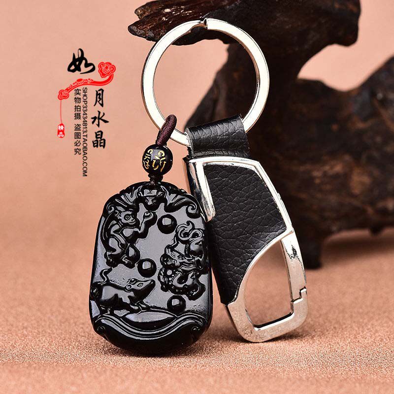 黑曜石生肖猴鼠龙三合车挂钥匙扣