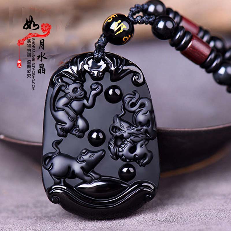 天然黑曜石磨砂申子辰三合贵人