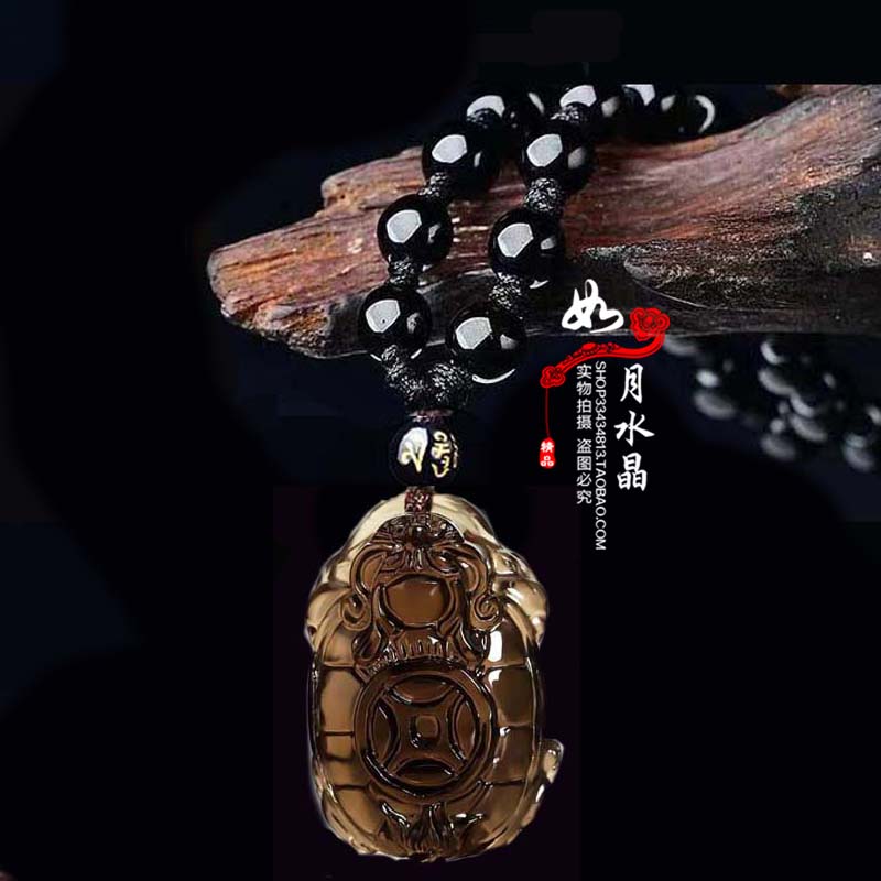 天然冰种黑曜石长寿龙龟吊坠