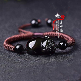 天然黑曜石生肖猪红绳手链黑耀石手机链招财聚财水晶福禄佑猪