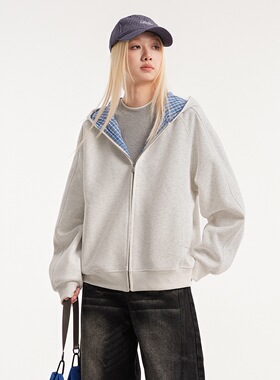 Instguys 「仁川旧梦」韩系复古格子撞色连帽卫衣宽松情侣秋外套