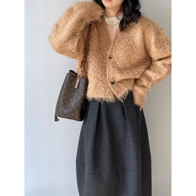 韩系百搭小个子环保圈圈长毛上衣慵懒感毛衣冬短款V领加厚外套