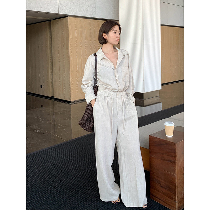韩系气质工装苎麻天丝长袖连体裤2026春季新款高腰显瘦连体衣女